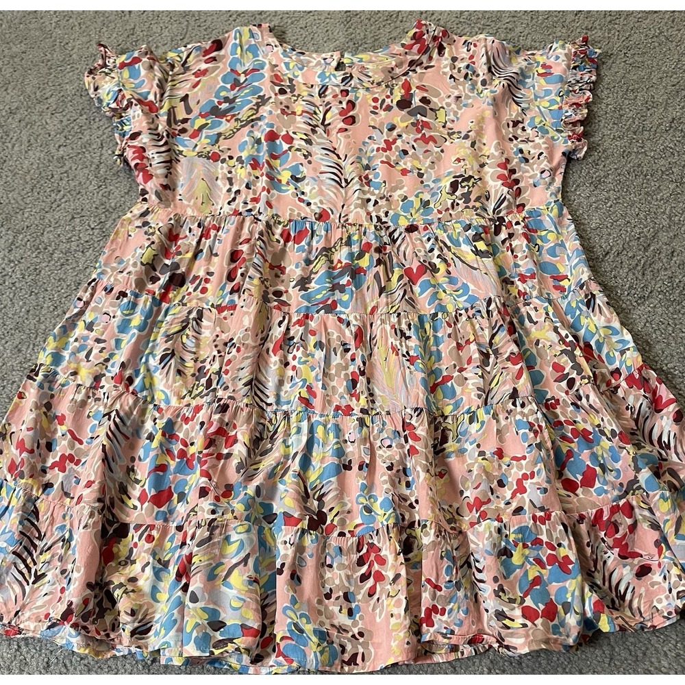 OTT Tiered Floral Babydoll Mini Dress Sz M Pink Ruffles Peasant Boho Beach - Picture 4 of 11